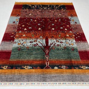 Handmade 6x8 Ft Tree Of Life Area Rug - Red Gray Orange Multi Color Wool Rug - Tribal Afghan Rug For Living Area - Tree Pattern Gabbeh Rug