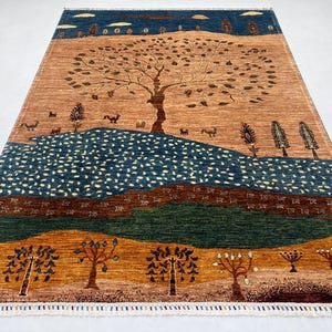 Handmade 6x8 Ft Tree Of Life Chobi Rug - Beige Green Blue Wool Rug - Tribal Afghan Large Kids Room Rug - Vegetable Dyed Rug For Living Room