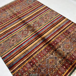 Handmade 6x8 Ft Striped Pattern Tribal Gabbeh Rug - Afghan Veg Dyed Wool Rug For Living Room - Khorjin Rug 6x8 - Red Blue Rug - Bedroom Rug