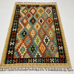 Handmade 3x5 Ft Beige Blue Chobi Kilim Area Rug - Flat Carpet 3x5 Ft - Afghan Tribal Maimana Kilim 3x5 Ft - Rug For Kids Room - 3x5 Kilim
