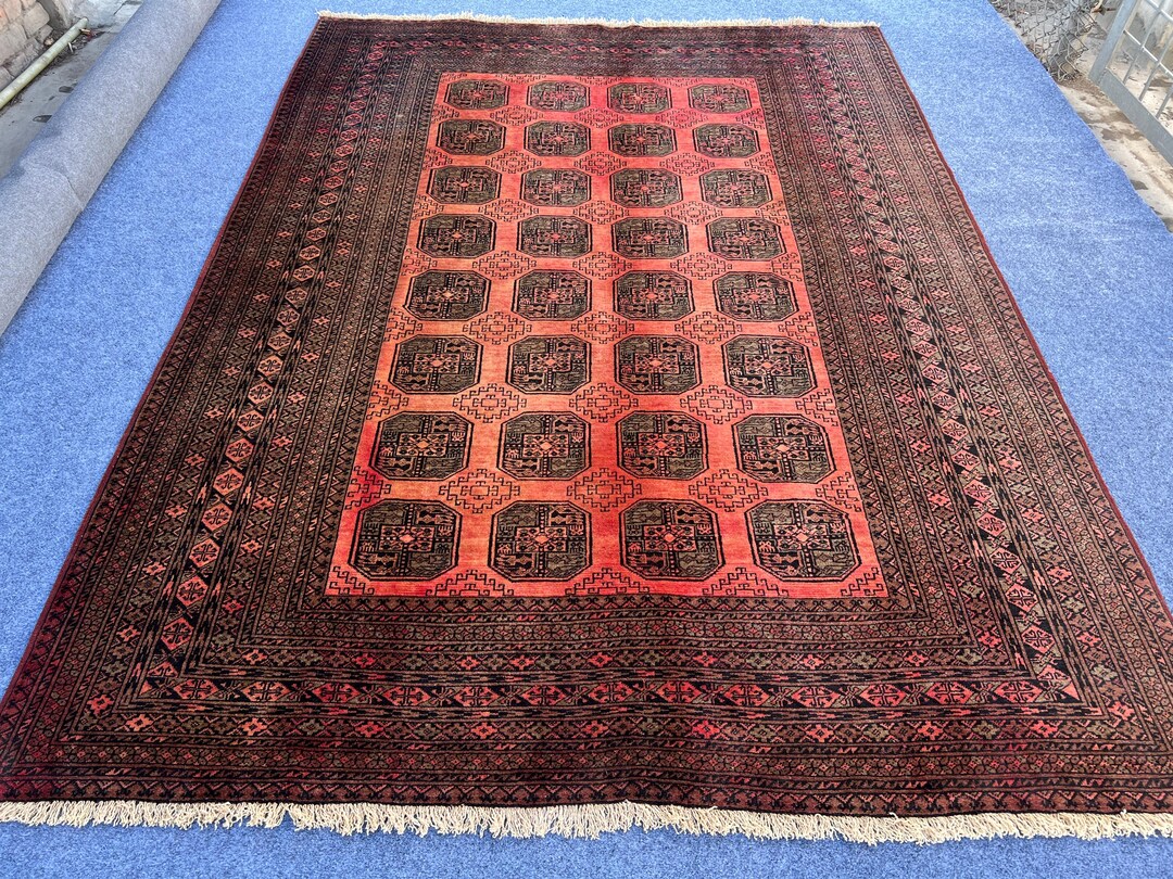 Waziri Rug Handmade 7x9 Ft Terracotta Vintage Waziri Rug - Geometric Pattern Wool ...
