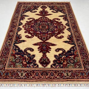 Handmade Cream Beige And Red 6x8 Ft Medallion Area Rug - Vegetable Dyes Sheep Wool Tribal Rug - Bordered Rug 6x8 - Rug For Bedroom 6x8 Ft
