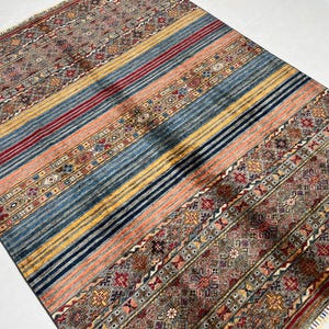 Gray Striped Gabbeh 6x8 Ft Rug - Hand Knotted Tribal Area Rug - Afghan Chobi Rug For Living Room - Khorjin Rug - Rug For Bedroom - Wool Rug