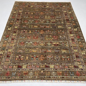 Handmade 6x8 Ft Animal Pattern Rug - Taupe Grey Wool Rug - Tribal Afghan Gabbeh Rug -  Nursery Rug 6x8 - Rug For Kids Room - Bedroom Rug