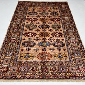 Handmade 5&#39;8&#39;&#39; x 8&#39;6&#39;&#39; Ft Kazak Rug - Beige Color Area Rug - Tribal Afghan Rug 6x9 - Geometric Pattern Rug - Living Room Rug - Bedroom Rug