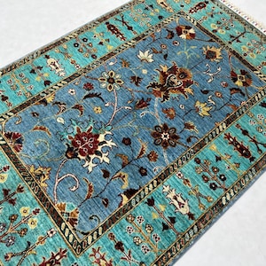 Sky Blue And Turquoise 3x5 Ft Floral Sultani Area Rug - Handmade Afghan Veg Dyed Wool Oriental Rug - Waziri Rug 3x5 - Nursery Rug - Door Rug