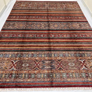 Hand Knotted 9x12 Ft Striped Gabbeh Area Rug - Afghan Tribal Khorjin Rug 9x12 - Veg Dyed Wool Geometric Pattern Large Living Room Rug - Rare