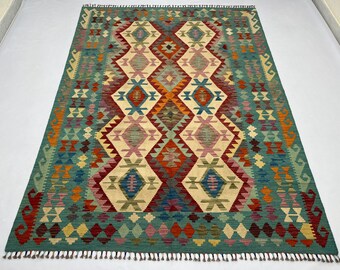 Blue 6x8 Ft Flat Kilim Area Rug - Hand Woven Tribal Wool Kilim Rug - Afghan Veg Dyed Wool Geometric Kilim Rug - Blue Red Orange Pink Rug 6x8