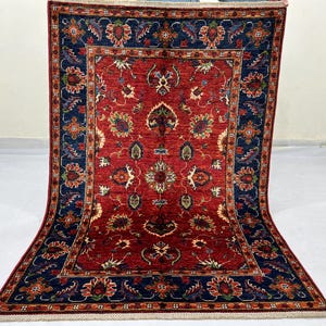 Handmade 4x6 Ft Navy And Red Floral Waziri Area Rug - Vegetable Dyed Kids Room Rug - Oriental Wool 4x6 Ft Rug - Vintage Pattern Rug 4x6 Ft