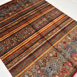 6x8 Ft Striped Gabbeh Area Rug - Handmade Afghan Tribal Khorjun Multi Color Rug - Living Room Rug - Traditional Rug 6x8 - Bedroom Rug 6x8 Ft