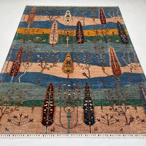 6x8 Gabbeh Area Rug - Blue Beige Rug - Landscape Cypress Tree Rug - Organic Dyes Wool Rug - Afghan Tribal Kids Room Rug - Animal Pattern Rug