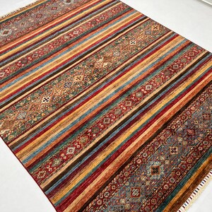Handmade 6x8 Ft Tribal Striped Design Gabbeh Area Rug - Traditional Afghan Wool Rug - Farmhouse Area Rug - Rug For Dining Room - 6x8 ft Rug