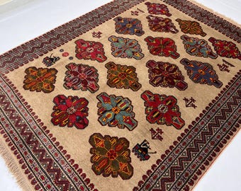 Handmade 7x9 Ft Beige Area Rug - Vintage Rug - 1980s Rug - Bordered Berber Rug - Veg Dyes Wool Tribal Rug - Living Room Rug - Bedroom Rug