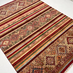 Handmade Striped Geometric Pattern 6x8 Tribal Rug - Gabbeh Rug 6x8 - Afghan Veg Dyed Wool Khorjun Rug - Living Room Rug - Dining Area Rug