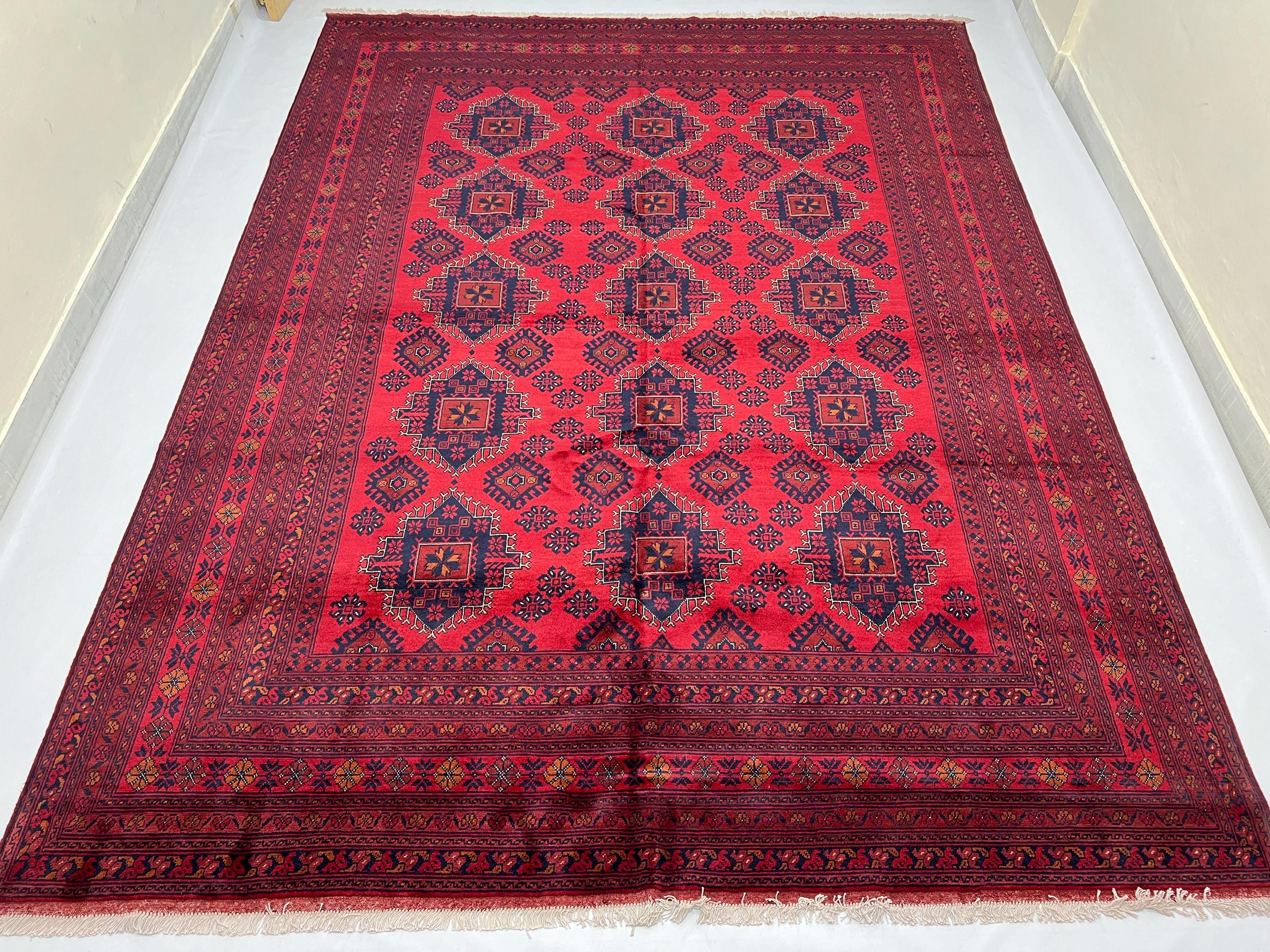 ハンドメイド 8 x 11 フィート レッド トルクメン ボハラ ウール ラグ