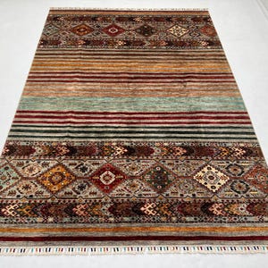 Handmade 6x8 Ft Light Gray Gabbeh Khorjun Rug - Afghan Tribal Wool Rug - Vegetable Dyed Boho Rug - Geometric Striped Pattern Chobi Rug 6x8