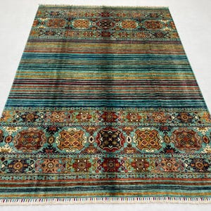 Handmade 6x8 Ft Turquoise Gabbeh Area Rug - Striped Pattern Rug - Contemporary Wool Rug - Rug For Living Room - Bedroom Rug - Khorjin Rug