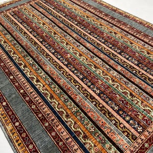 Handmade 6x8 Ft Gray Striped Pattern Area Rug - Shawl Chobi Rug - Small Floral Pattern Rug - Rug For Living Room - Vegetable Dyed Wool Rug