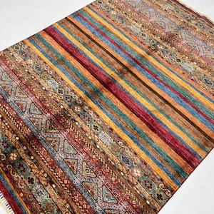 Handmade 6x8 Ft Striped Pattern Gabbeh Rug - Tribal Afghan Khrojun Rug - Multi Color Rug - Rug For Living Room -Bedroom Rug 5&#39;7&#39;&#39; x 7&#39;6&#39;&#39; Ft