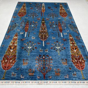 Handmade 6x9 Ft Blue Tree Of Life Rug - Afghan Chobi Blue Rug - Cypress Tree Rug - Kids Room Area Rug - Rug For Living Room - Bedroom Rug