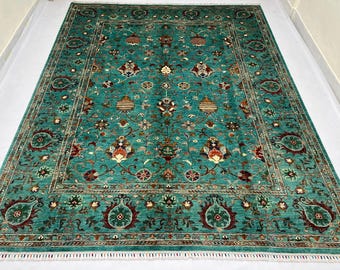 Handmade 8x10 Ft Turquoise Sultani Area Rug - Waziri Turquoise Rug 8x10 - Floral Oriental Rug - Living Room Rug - Rug For Dining Room 8x10