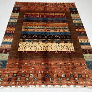 Handmade 6x8 Ft Brown And Orange Animal Pattern Wool Rug - Afghan Tribal Gabbeh Rug 6x8 - Living Room Rug - Symbolic Pattern Rug - Boho Rug