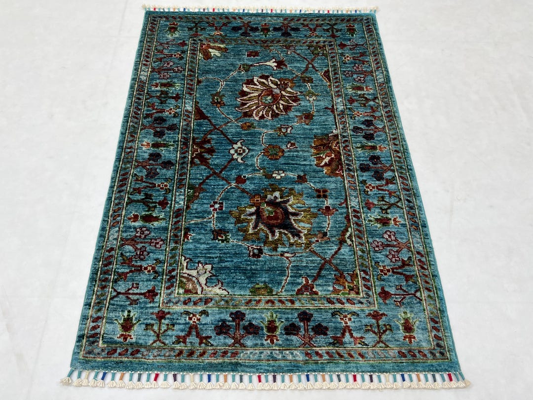 Handmade 3x4 Ft Teal Blue Floral Wool Rug – Afghan Sultani Design - Etsy