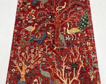 Handmade 3&#39;2&#39;&#39; x 5&#39;6&#39;&#39; Ft Pictorial Rug - Birds Tree Rug 3x5 - Tribal Afghan Veg Dyed Wool Red Rug 3x5 - Nursery Rug - Kids Room Rug 3x5 Ft