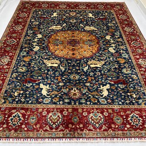 Handmade 8x10 Ft Serapi Large Area Rug - Navy And Red Oriental Wool Rug - Rug For Dining Room - Shikargah Chobi Rug - Pictorial Floral Rug