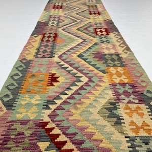 Flat Weaved 10 Ft Long Multi Colour Maimana Kilim Runner Rug - Tribal Chobi Wool Veg Dyed Kilim Runner - Hallway Kilim Runner - Kitchen Rug