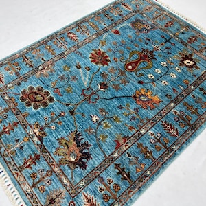 Handmade 3x5 Ft Blue Sultani Floral Area Rug - Afghan Vegetable Dyed Wool Bidjar Rug - Blue Waziri Rug - Kids Room Rug - Door Way  Rug 3x5
