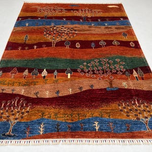 Multi Color 6x8 Ft Landscape Tribal Gabbeh Rug - Nature Inspired Hand Knotted Wool 6x8 Rug - Plants Mountain Pattern Rug - Kids Room Rug 6x8