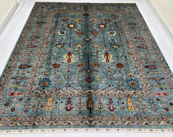 Handmade 8x10 Ft Blue Gray Floral Sultani Large Area Rug - Afghan Tribal Veg Dyed Rug - Oriental Wool Rug 8x10 - Dining Area Rug - Boho Rug