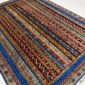 6x8 Ft Blue Striped Design Rug - Handmade Shawl Pattern Multi Color 6x8 Rug - Oriental Afghan Rug - Veg Dyed Wool Rug - Living Room Rug 6x8
