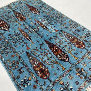 Handmade 3x5 Ft Blue Tree Of Life Area Rug - Cypress Tree Rug - Oriental Rug 3x5 - Kids Room Rug - Rug For Entryway - Bedroom Rug 3x5 Ft