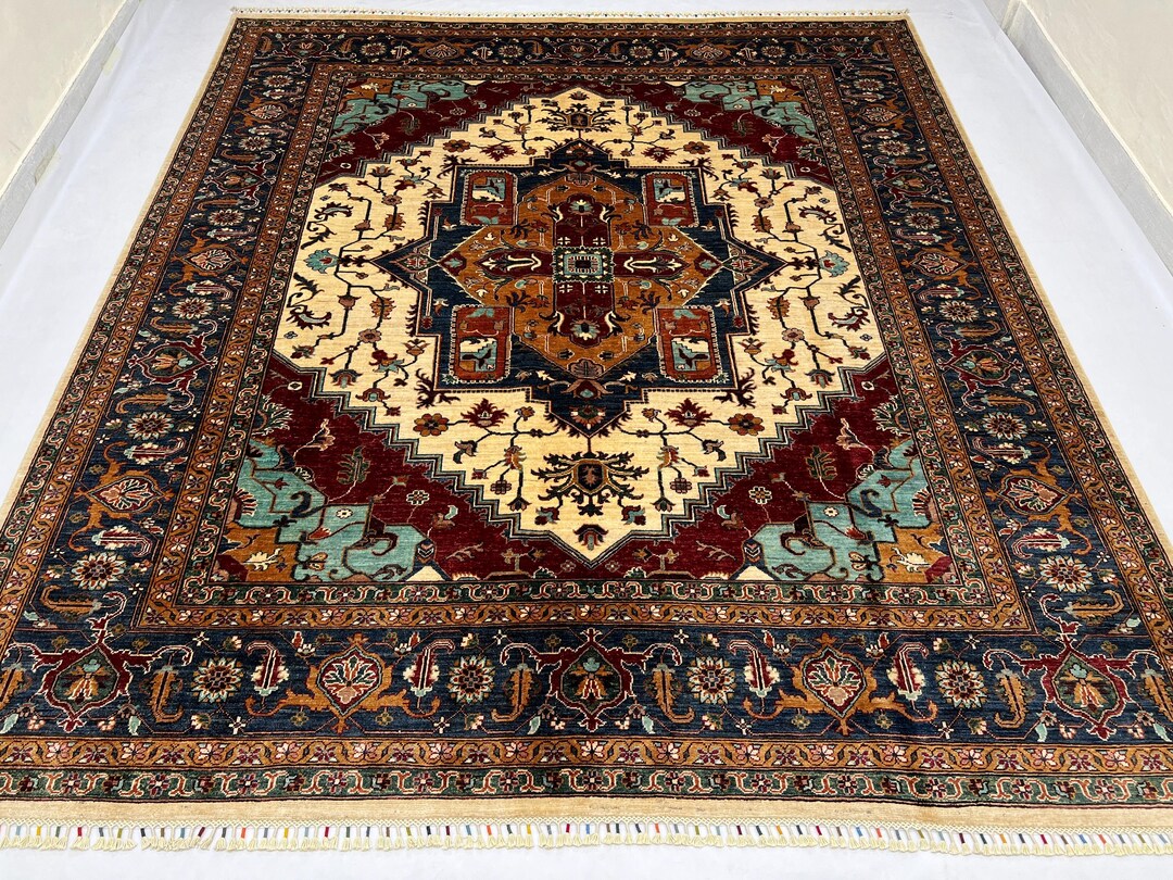8x9 Rug 8x9 Ft Heriz Rug - Medallion Rug 8x9 - Handmade Organic Dyed Wool ...