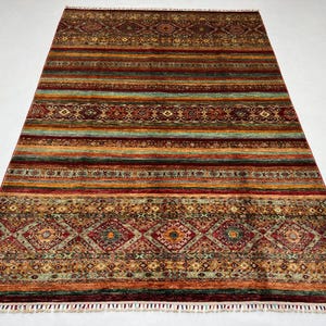 Handmade 6x8 Ft Tribal Khorjun Rug - Striped Red Wool Rug - Afghan Rug 6x8 - Oriental Rug -  Vegetable Dyed Rug - Ethnic Rug - Boho Rug 6x8