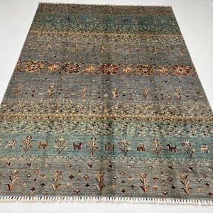 6x8 Ft Animal Pattern Tribal Wool Rug - Blue Grey Gabbeh Rug - Veg Dyed Rug - 6x8 Afghan Rug - Rug For Living Room - Nomadic 6x8 Rug - Rare