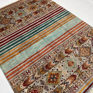 Light Grey 6x8 Ft Striped Gabbeh Area Rug - Handmade Tribal Khorjun Veg Dyed Wool Rug - Living Room Rug - Bedroom Rug - Traditional Rug 6x8