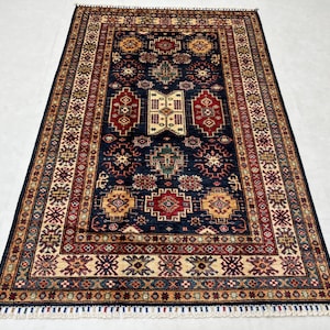 Handmade 4x6 Ft Navy Blue Serapi Kazak Chobi Rug - Geometric Pattern Rug 4x6 - Oriental Veg Dyed Wool Rug - Rug For Bedroom - Entryway rug