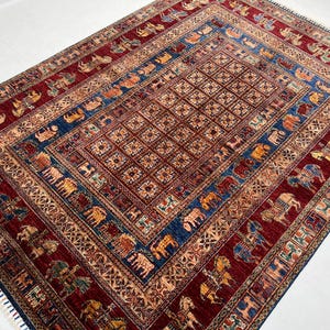 6x8 Ft Pazyryk Area Rug - Handmade Afghan Traditional Horse Pattern Rug - Blue And Red Rug - Living Room Area Rug - Farmhouse Decor Rug 6x8