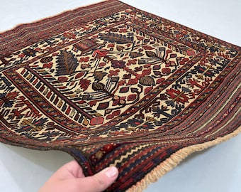 4x4 Ft Square Rug - Barjista Mashwani Baluch Vintage Rug 4x4 - Tribal Afghan 1990s Rug - Mixed Pile Rug - Collector Rug - Wall Hang Rug 4x4
