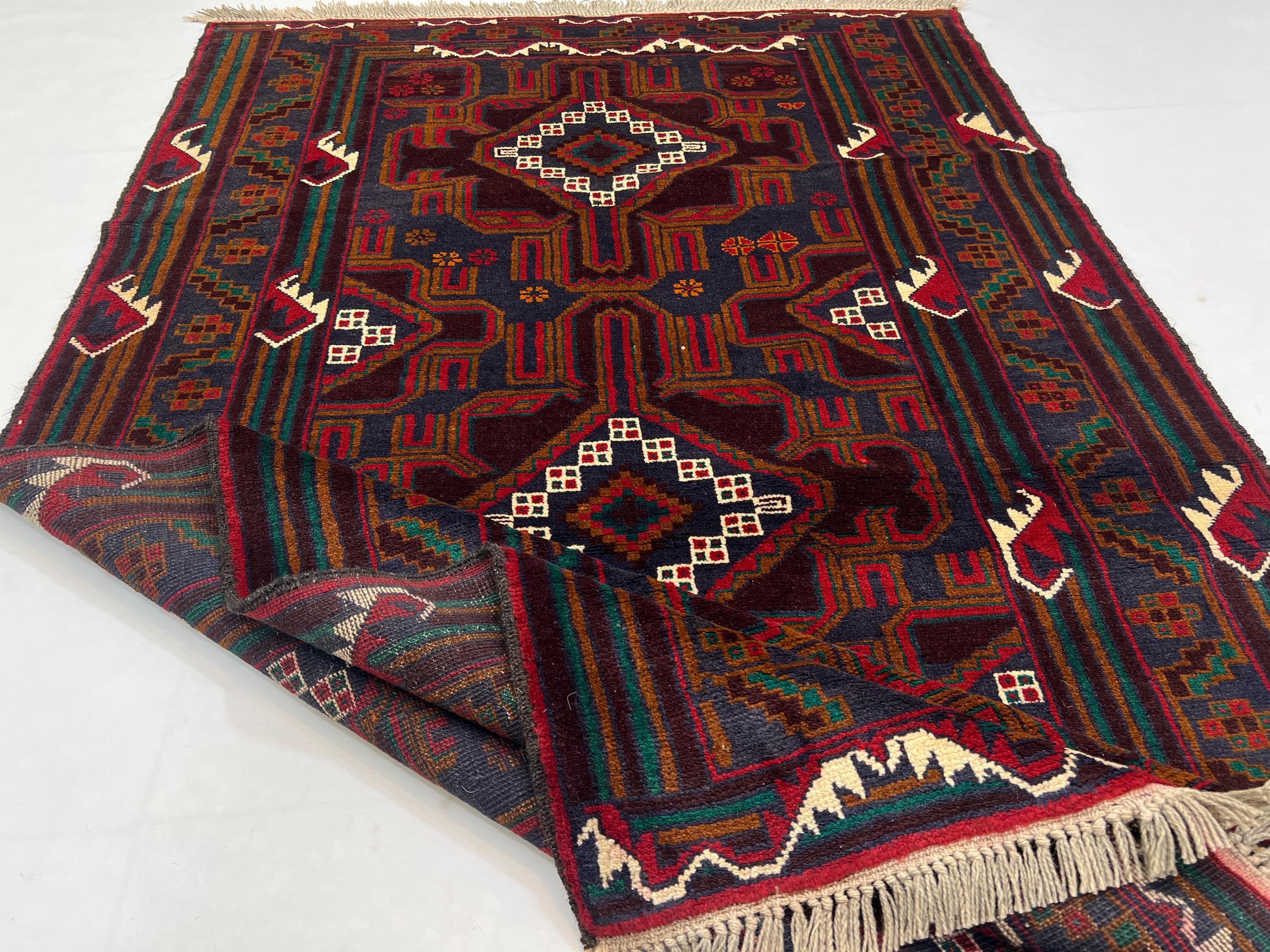 4x7 Ft Baluch Area Rug - Afghan Hand Knotted Veg Dyes Wool Geometric Rug - Bedroom Rug - Entryway Rug - Kitchen Rug - Vintage Rug 4x7 Ft