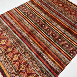 Red And Beige 6x8 Ft Striped Gabbeh Area Rug - Living Room Wool Rug - Tribal Rug 6x8 0 Geometric Pattern Area Rug - Bedroom Rug - Sofa Rug