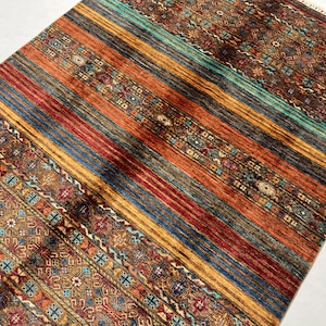 Earthy Neutral 6x8 Ft Gabbeh Rug - Striped Khorjin Rug - Tribal Wool Rug - Rug For Living Room - Handmade Afghan Veg Dyed Rug - Khaki Rug