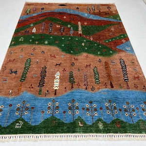 Nature Inspired 6x8 Ft Landscape Gabbeh Rug - Hand Knotted Vegetable Dyed Wool Kids Room Rug - Afghan Tribal Nomadic Rug - Beige Blue Green