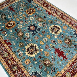 Handmade 6x8 Ft Blue And Red Wool Rug - Floral Rug 6x8 - Bidjar Chobi Rug - Tribal Afghan Rug For Living Room - Vegetable Dyes Wool Rug 6x8