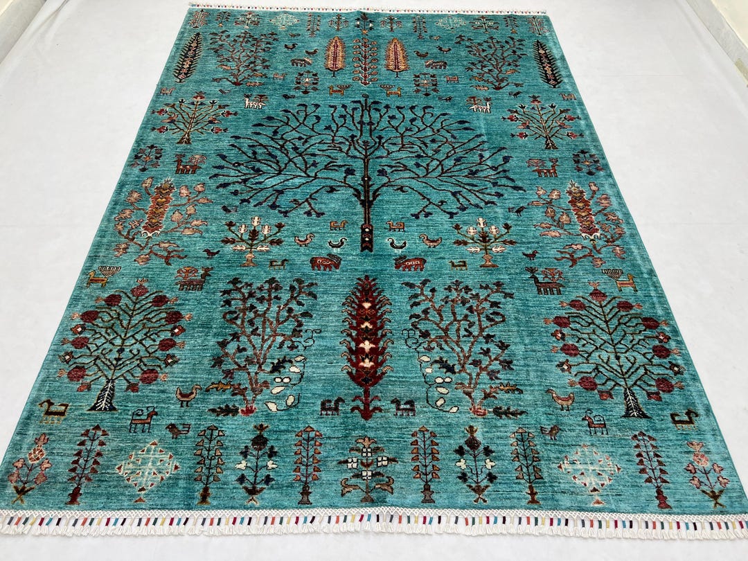 Teal 6x8 Ft Tree of Life Area Rug - Handmade Afghan Pictorial Chobi Rug ...