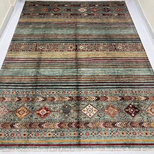 Teal Green 9x12 Ft Striped Area Rug - Afghan Tribal Veg Dyed Wool Khorjin Rug 9x12 - Geometric Pattern Gabbeh Rug - Dining Room Rug 9x12 Ft