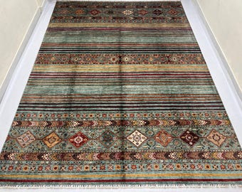 Teal Green 9x12 Ft Striped Area Rug - Afghan Tribal Veg Dyed Wool Khorjin Rug 9x12 - Geometric Pattern Gabbeh Rug - Dining Room Rug 9x12 Ft